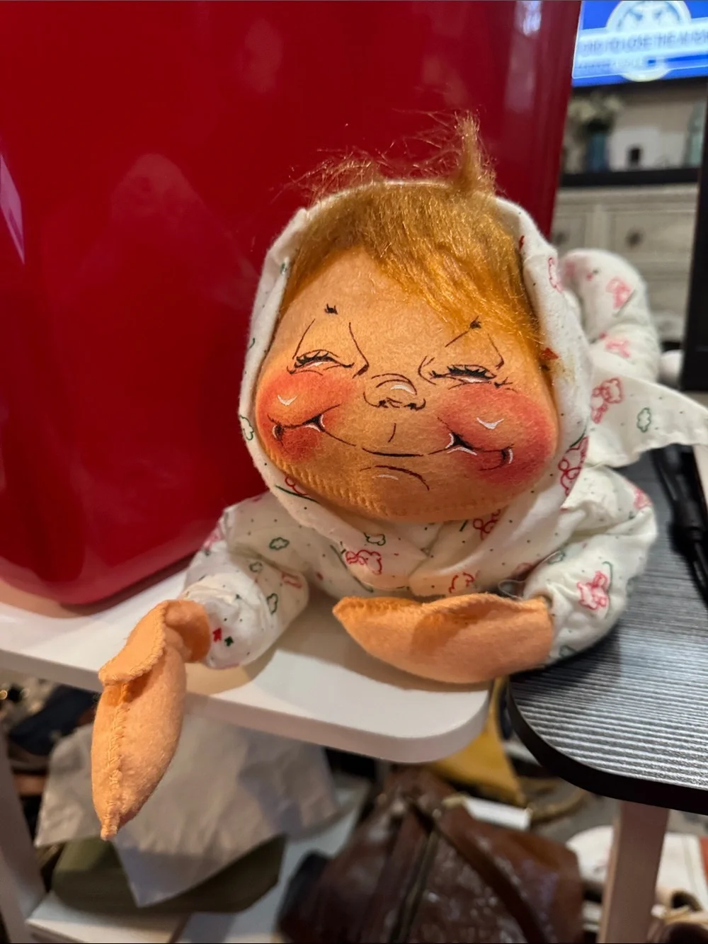 Annalee Orange-Haired Smiling Doll in White Printed Hood